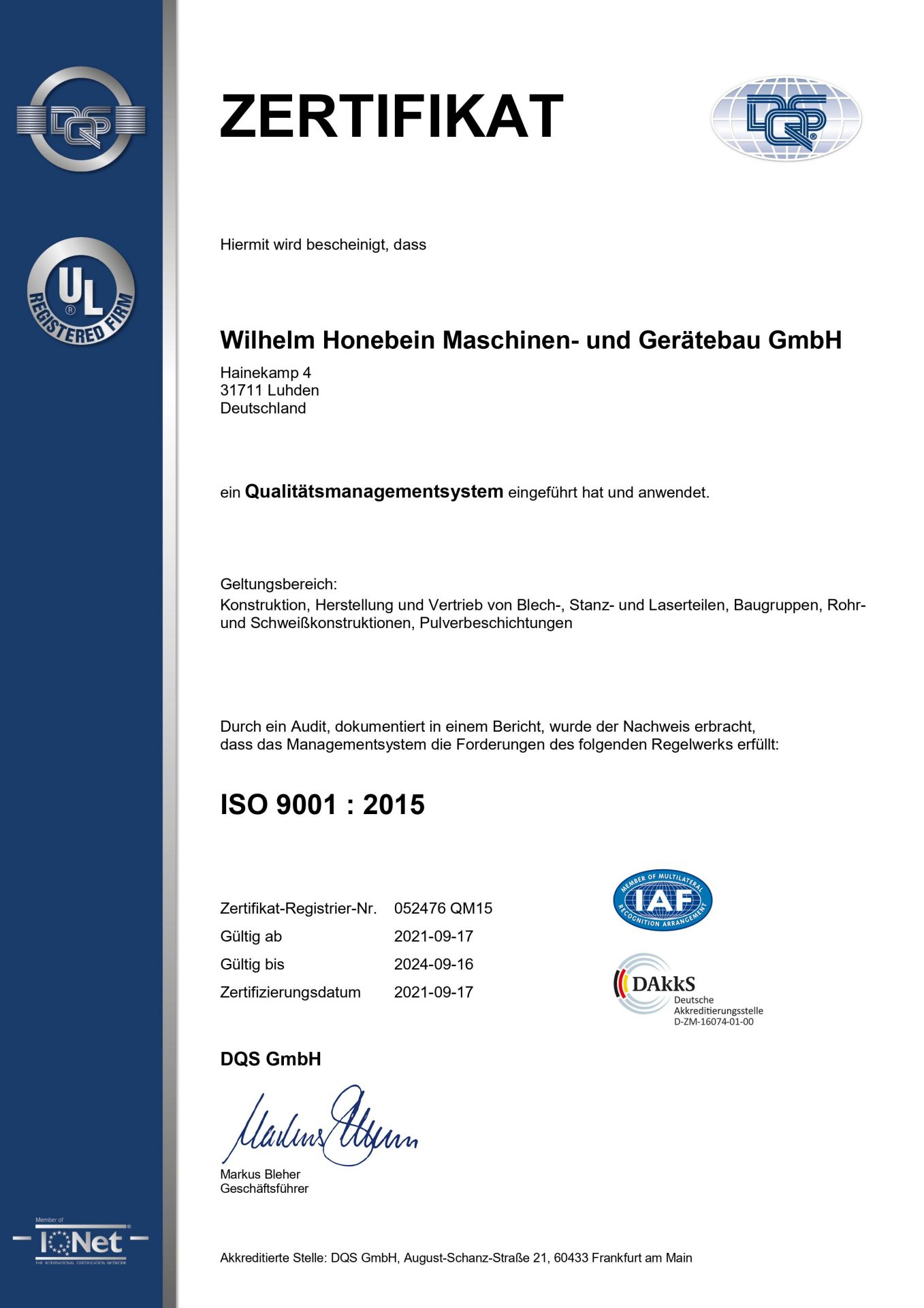 Zertifiziertes Qualitätsmanagement gemäß DIN EN ISO 9001:2015